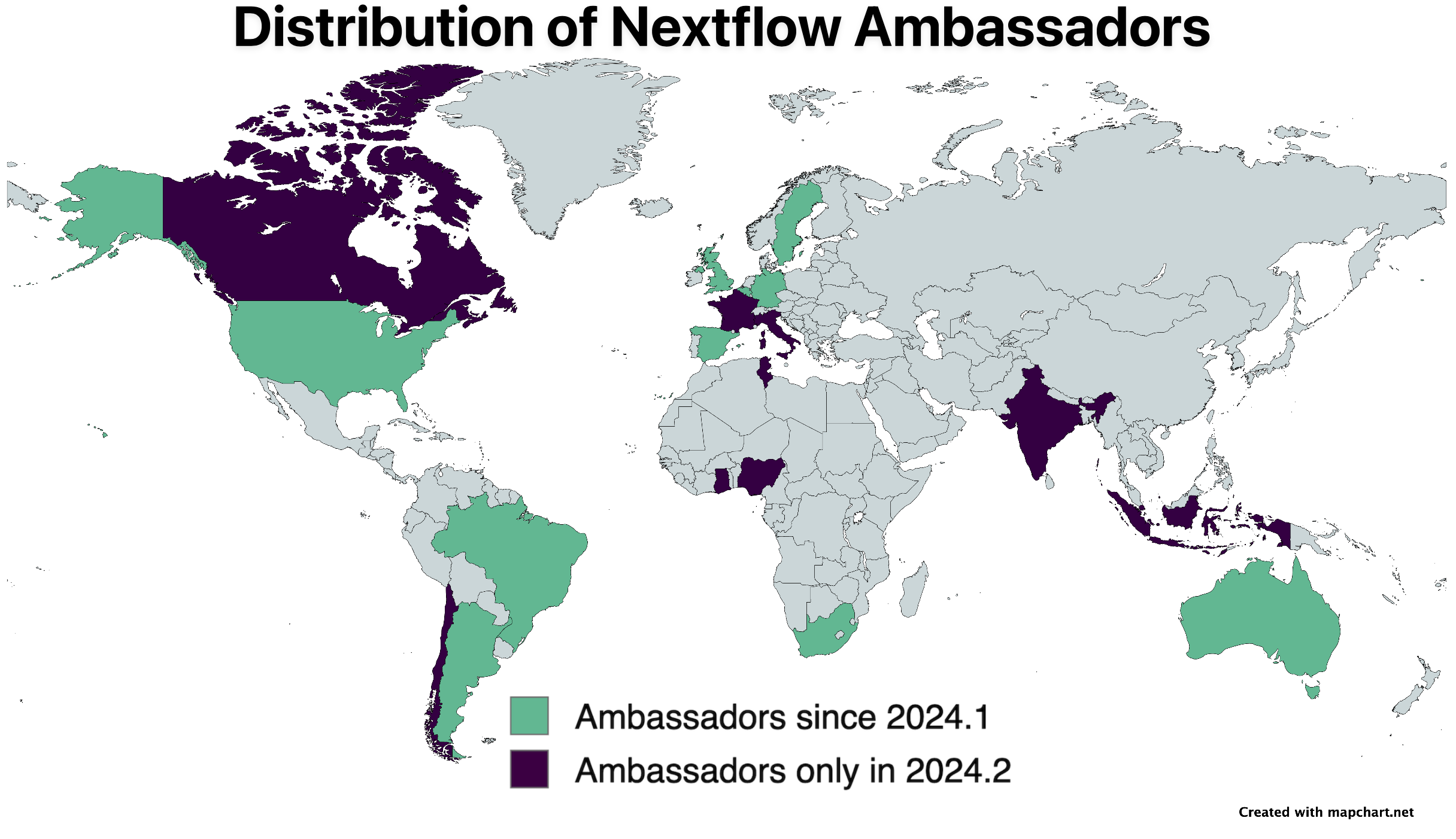 Map with colored countries based on ambassadors residency